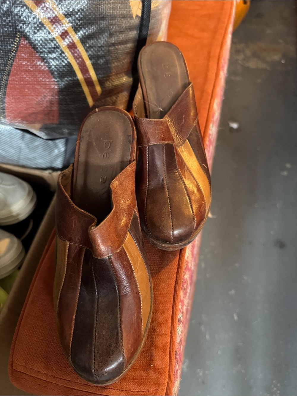 bebe Brown and Tan Leather Slip-On Heels
